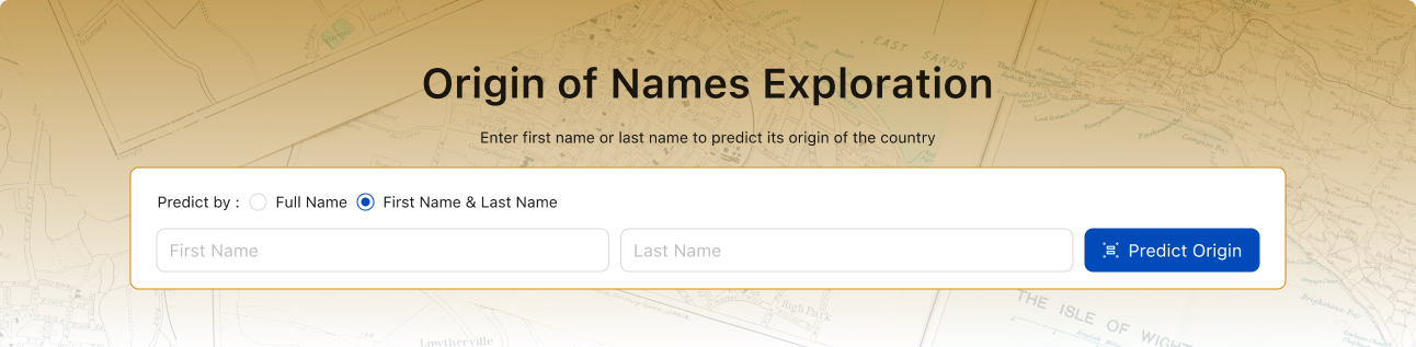 Name origin search with full name or first and last name options