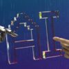 Glass AI letters on a blue circuit background, touched by a robot hand and a human hand